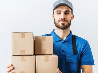 a delivery person smiles while holding four stacked cardboard boxes, wearing a blue uniform and a ca