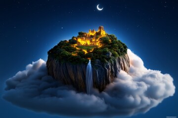 Poster - Fantasy version of Sigiriya Rock, with floating islands, magical waterfalls, and ancient ruins glowing with mystical light