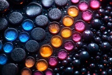 Poster - Fluorescent microscopy of platelets and red blood cells, with the different cell types glowing in bright colors under UV light