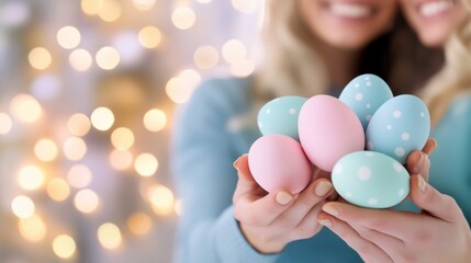 Colorful Easter eggs are held by two smiling women against a backdrop of soft bokeh lights, AI