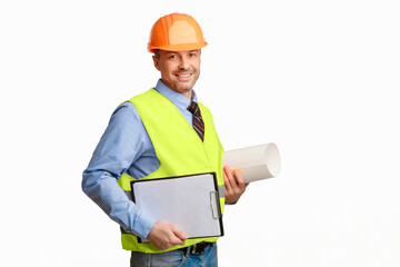 Poster - Building Plan. Architect Holding Project Papers And Folder Smiling To Camera Standing On White Studio Background.