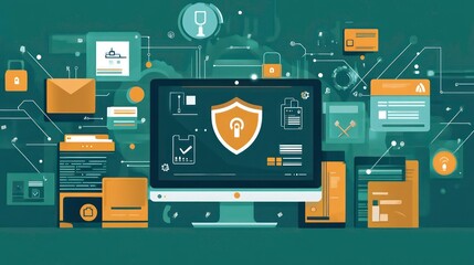 Leinwandbilder - A computer with a shield icon on the screen surrounded by other digital devices.