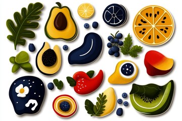 Poster - Minimalist fruit and vegetable illustration, showing clean, colorful shapes of healthy foods in a simple design