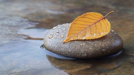 Poster - Tranquil Stone with Leaf in Water Reflection