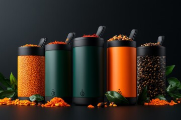 Poster - Minimalist spice jar design, with a single color representing each spice, creating a clean, simple layout