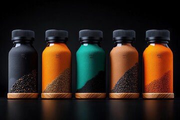 Poster - Minimalist spice jar design, with a single color representing each spice, creating a clean, simple layout