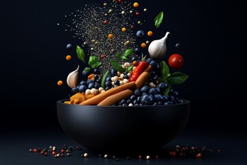 Aufkleber - Pixel art depiction of spices being sprinkled into a pot, with pixelated herbs, garlic, and colorful seasonings in retro game style