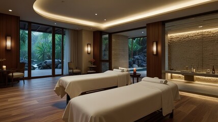 Two massage tables with white linens in a spa room with large windows overlooking a tropical garden and pool.