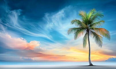 Wall Mural - Breathtaking sunset over tranquil ocean with palm tree silhouette against vibrant sky colors of nature's beauty
