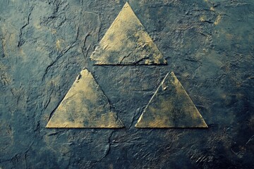 Aufkleber - Golden triangular shapes are artistically arranged on a textured dark background, creating a striking visual contrast and depth. Generative AI