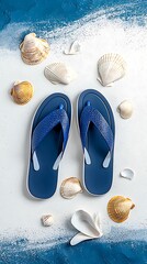 Wall Mural - stylish blue flip flops surrounded by seashells on a sandy beach perfect for summer getaways and coa