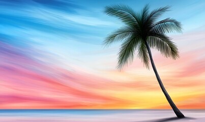 Wall Mural - breathtaking sunset over tranquil ocean with silhouetted palm tree creating a serene tropical atmosp