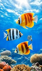 Wall Mural - vibrant underwater scene featuring colorful tropical fish swimming amongst coral reefs in a crystal 
