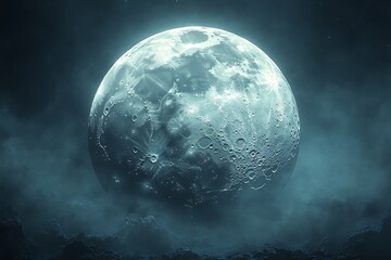 A large, bright moon hangs low in a misty night sky.