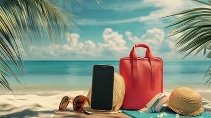 A picture showing the idea of a summer vacation: a travel bag, beach stuff, and a smartphone on a beautiful sandy beach with the ocean in the background.