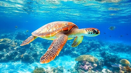 Poster - Graceful Sea Turtle Swimming in Clear Water