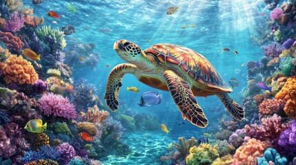 Poster - Sea Turtle Swimming in Vibrant Coral Reef