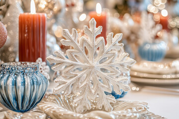 Elegant winter dining table centerpiece adorned with candles and decor