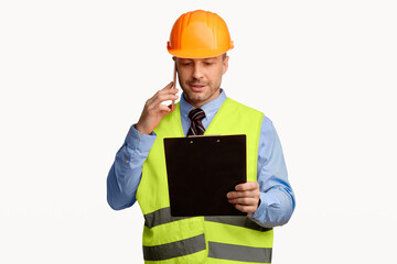Poster - Repairman Worker Talking On Cellphone Holding Folder Standing In Studio On White Background. Handyman Service Concept