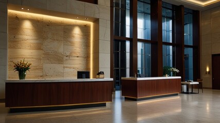 Modern lobby with two reception desks, a wooden wall, and large windows.