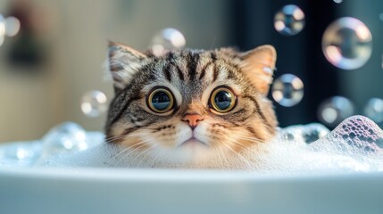 Poster - Cat Surrounded by Bubbles in Relaxing Bath Scene