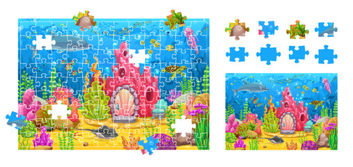 Aufkleber - Jigsaw puzzle game pieces, cartoon underwater landscape. Vector educational worksheet for children featuring a vibrant sea creatures and coral house. Playful kids riddle with marine life in the ocean