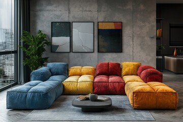 A modern minimalist living room featuring a vibrant sectional sofa in blue, yellow, and red against a textured gray wall with artwork