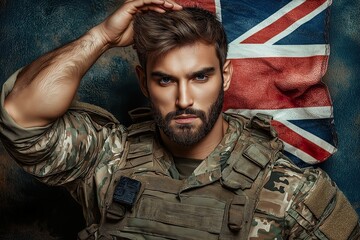 A soldier in military gear poses dramatically against a backdrop of the British flag, capturing the intensity of conflict and patriotism