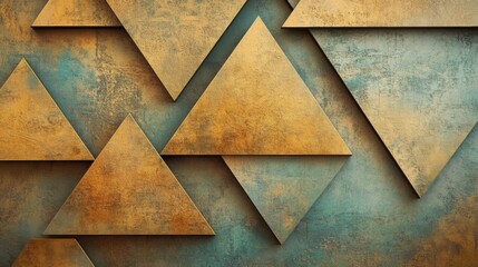 Poster - The composition features unique triangular shapes organized in an asymmetrical layout, set on a textured surface with rich colors. Generative AI