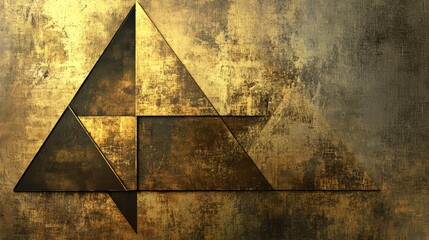 Poster - Intricate arrangements of asymmetrical triangles are set against a textured golden backdrop, showcasing a contemporary artistic design. Generative AI