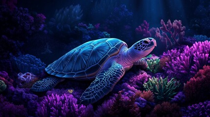 Poster - Colorful Turtle Swimming in Vibrant Coral Reef