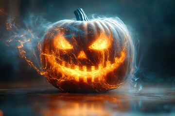 Wall Mural - A fiery jack-o-lantern glows amidst smoky darkness.