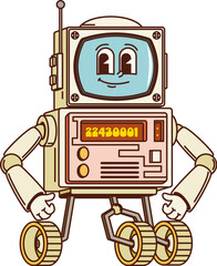 Aufkleber - Cartoon retro groovy robot character bot on wheels, vector space rover android. Funny retro robot in groovy cartoon with computer display face and happy smile for cosmic space android or cyborg toy