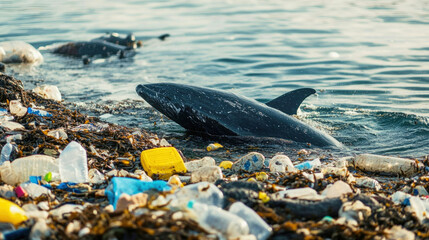 marine wildlife struggling against plastic pollution in a coastal habitat at sunset