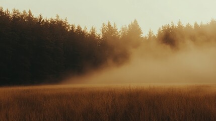 Wall Mural - Fog blankets the field casting an ethereal glow over distant trees in early morning light