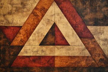 The artwork features an arrangement of asymmetrical triangular shapes in earthy colors on a textured background, evoking depth and interest. Generative AI