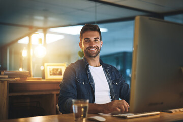 Aufkleber - Computer, night and portrait of man in office for software development and data analytics of system. Reading, technology and male IT specialist working overtime with online firewall configuration.