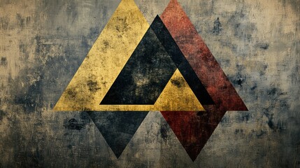 Poster - The artwork features bold, asymmetrical triangular forms arranged against a weathered, textured backdrop. Generative AI