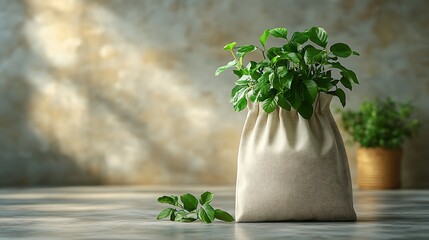 Poster - Green plants in a burlap sack on a wooden table.