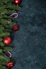 Christmas border decoration image with copy space, Christmas ornaments on dark background