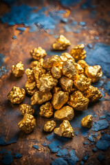 A close-up of gleaming gold nuggets resting on a textured surface, showcasing their natural shapes and lustrous shine.