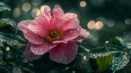 Poster - Pink Flower with Raindrops on Green Leaves