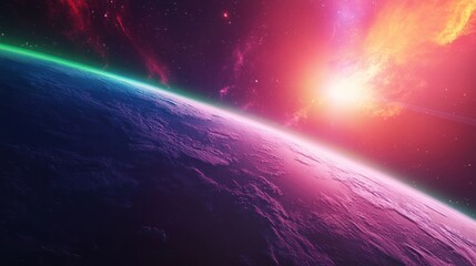 Wall Mural - A vibrant and colorful depiction of a planet with a green ring in space. The planet has a pink hue with swirling clouds and a bright red and pink nebula in the background.