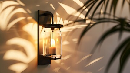 A sleek glass lantern mounted on a wall, the candle inside casting warm shadows on a simple backdrop