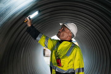 Engineers working inside a large steel pipe, constructing a pipeline for transporting oil, natural gas, and fuel at an industrial facility.