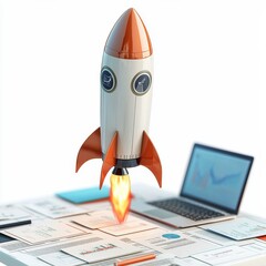 Business Rocket Launch with Documents and Laptop, 3D Illustration, Business Growth, Startup, Success, ,