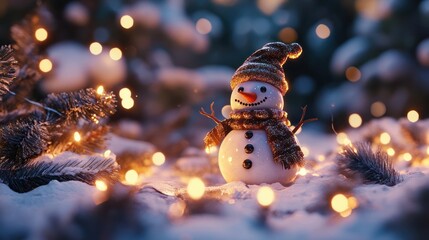 Wall Mural - christmas ornament with snowman figurine and glowing lights in snowy winter holiday scene