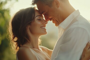 Happy couple touching foreheads outdoors, smiling lovingly under soft sunlight

