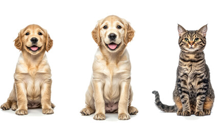 Poster - golden retriever puppies and tabby cats sitting together in harmony generative ai