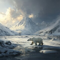 a polar bear walks across a frozen arctic landscape with snowy mountains in the background.